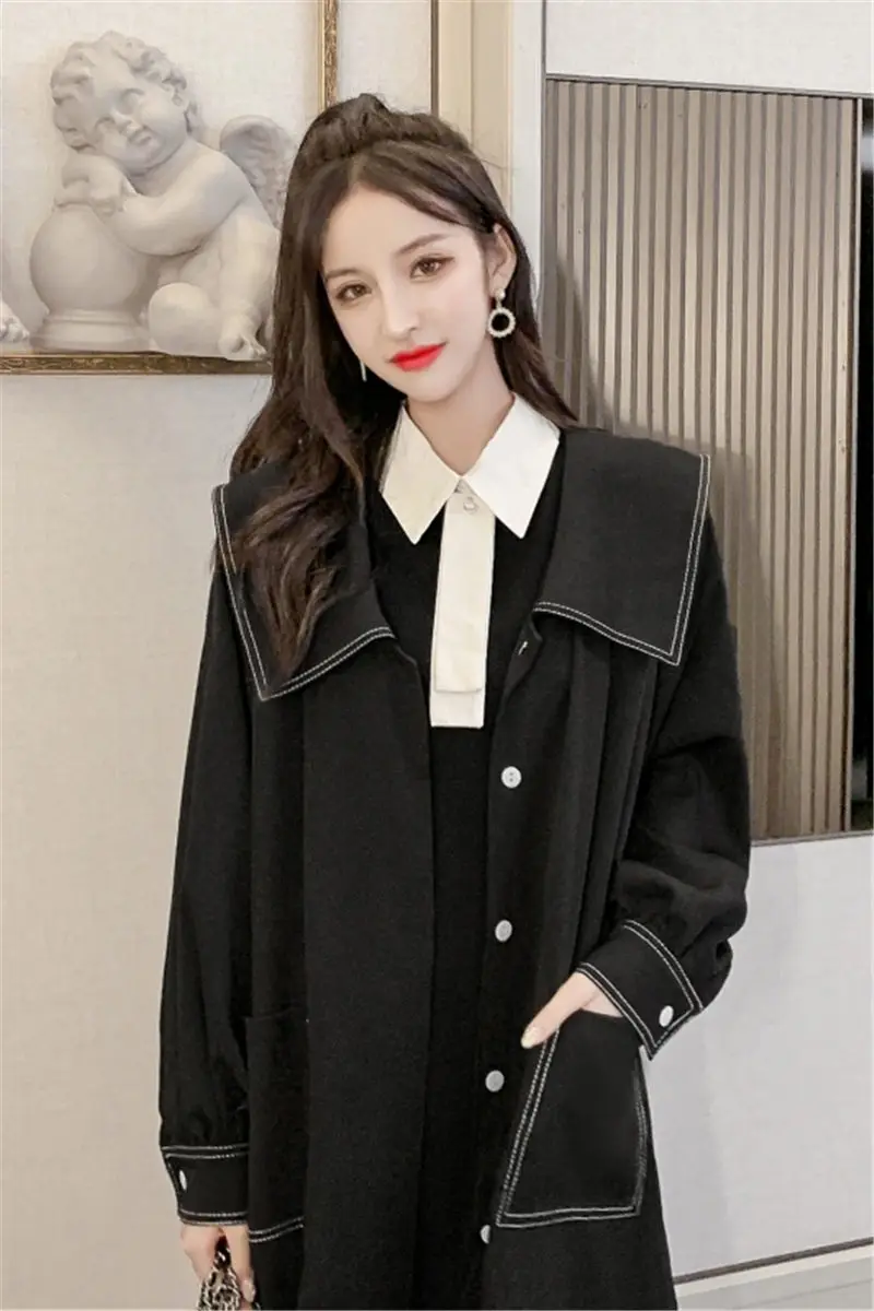 

Black Windbreaker Women's Long Coat Spring Autumn New Fashion Doll Collar Loose and Thin Jacket Female Jacket Outerwear k635