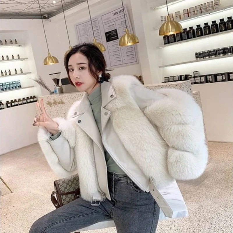 2021 New Skin Thin Jacket Ms. Fox Fur Coat Female Motorcycle Model Leather FashionShort Coat Women's Coat Fur Jacket Fox Fur