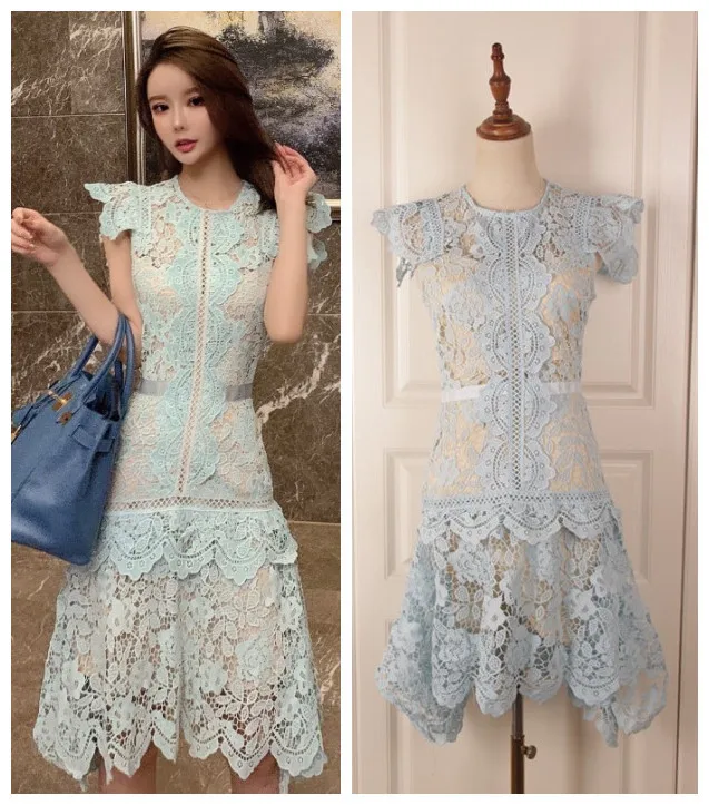 

Light blue lace ruffled openwork irregular dress