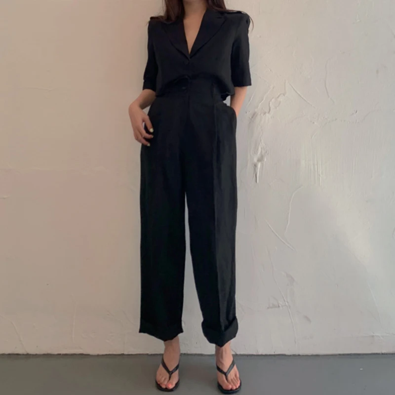 

GALCAUR Korean Two Piece Set For Women Notched Half Sleeve Top High Waist Wide Leg Pants Casual Sets Female 2021 Spring Clothing