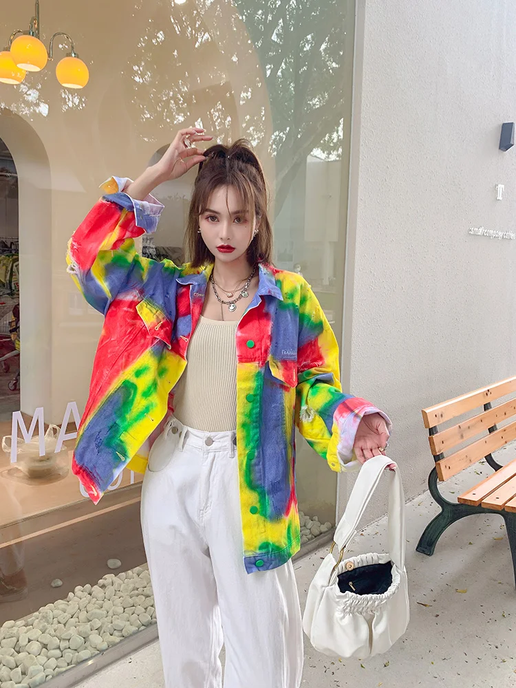 

2021 New Arrival Autumn Women Loose Denim Hole Camouflage Tie Dye Jacket