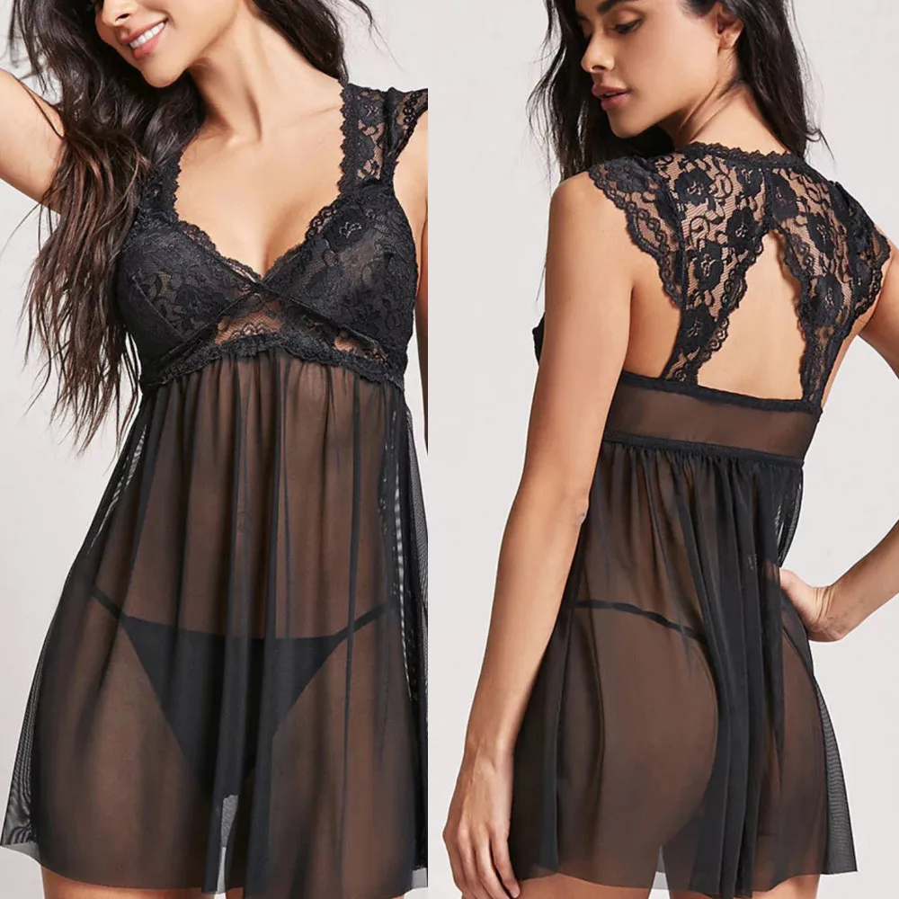 

Hot Fashion Sexy Lace Sleepwear For Women Sexy Ladies Back See-Through Nightdress + Thong Nightgown Black Solid Sleepwear #W