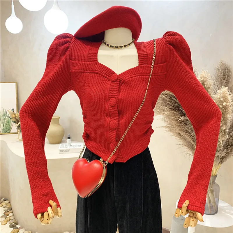 

New Women's Clothing 2021 Autumn Winter Vintage Puff sleeve square collar button top stripe short bottomed Knitted sweater