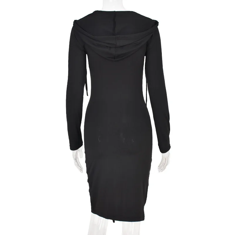 

Cryptographic Autumn Long Sleeve Casual Hooded Sexy V-Neck Midi Dresses Women Fashion Drawstring Ruched Dress Bodycon Streetwear