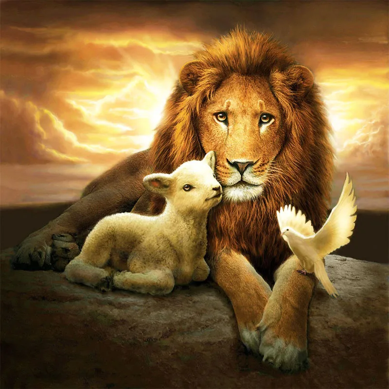 

DIY Diamond Embroidery Patterns 5D Full Diamond Painting Needlework Painting Lion Lamb Dove In Dawn Wall Arts Decor