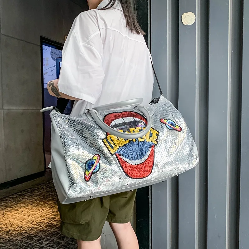 저렴한 새로운 스팽글 글자 체육관 가방 짧은 여행 가방 휴대용 스포츠 가방 대용량 수하물 가방 여성