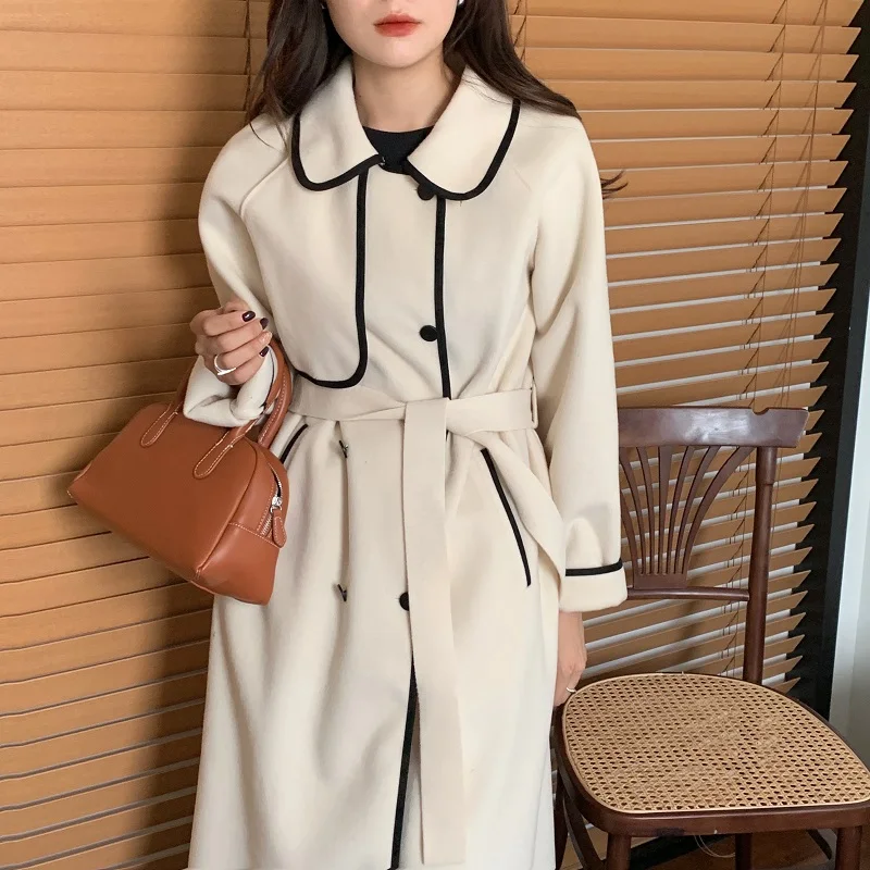 

Женское шерстяное двубортное пальто, элегантное офисное длинное пальто контрастной расцветки с поясом и длинным рукавом, верхняя одежда, о...
