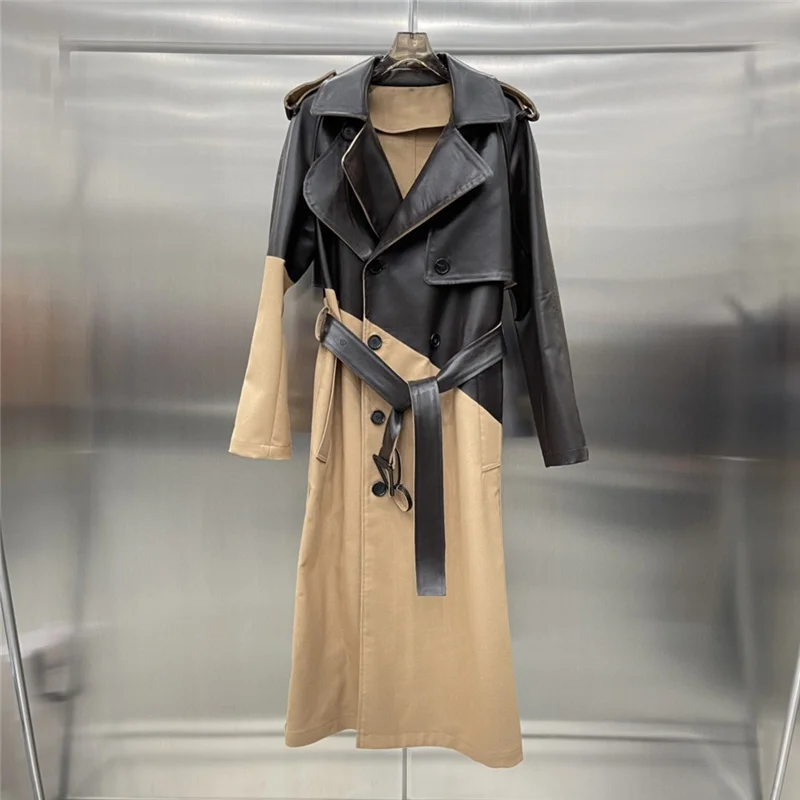 

Тренчкот женский из натуральной овечьей кожи, модное элегантное облегающее длинное пальто с поясом на шнуровке