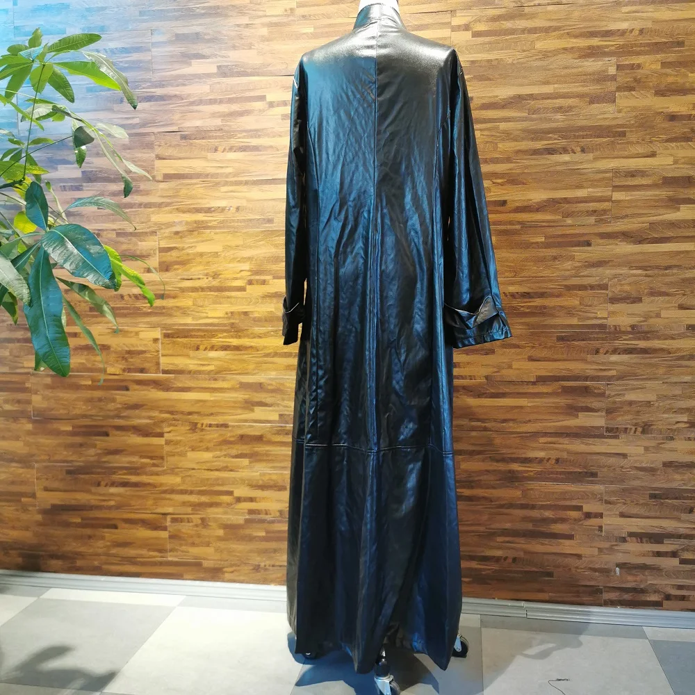 Faux Leather Long Jacket Dress Autumn Winter Women Coat Fashion Plus Size Goth Stand Collar Black PU Ladies |