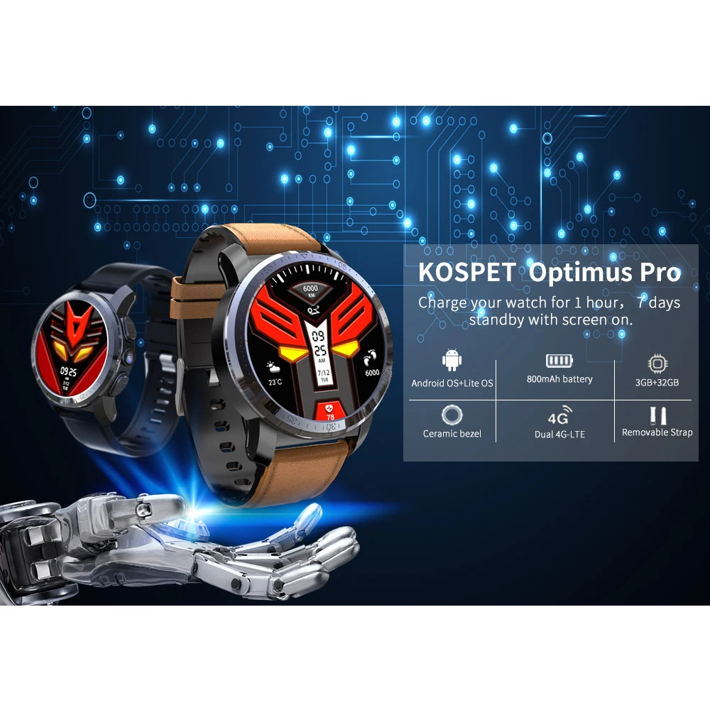 Смарт-часы KOSPET Optimus Pro 4G, 3 ГБ, 32 ГБ, gps, монитор сердечного ритма, Android 800 мАч, аккумулятор 1,39 дюйма, камера МП, WiFi, телефон, мужские часы