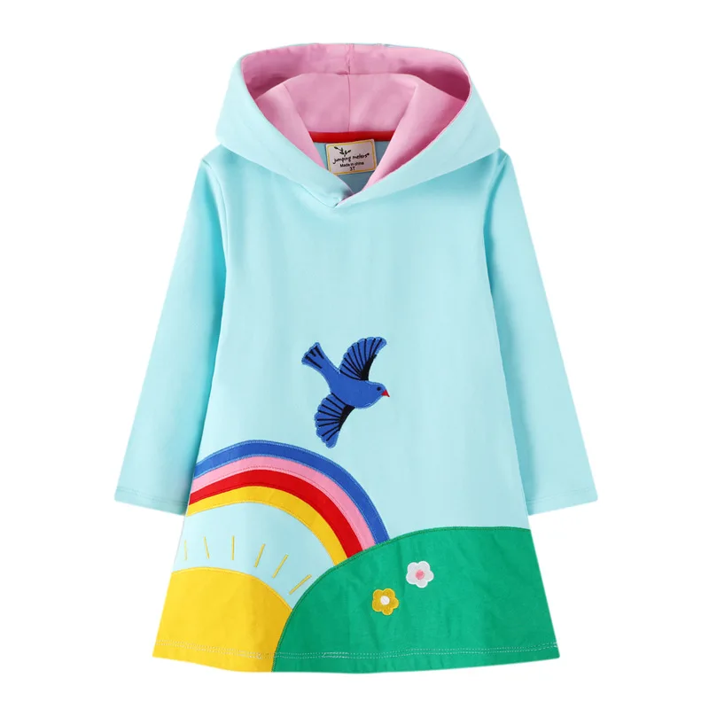 

Jumping Meters Autumn Winter Girls Sun Rainbow Bird Hooded Long sleeve Dresses Children's Cotton Casual Toddler Kids Frocks
