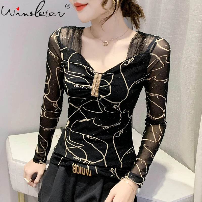 

Spring Fall European Clothes Thin T-Shirt Sexy Mesh Print Shiny Diamonds Letter Women Tops Long Sleeve Casual Tees 2021 T18413A