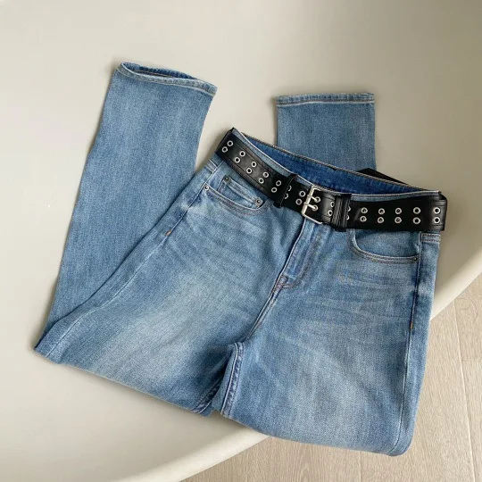 Spring and Summer Rivet Belt Jeans Two-wear Belt Detachable Small Straight Classic All-match Super Soft Trousers