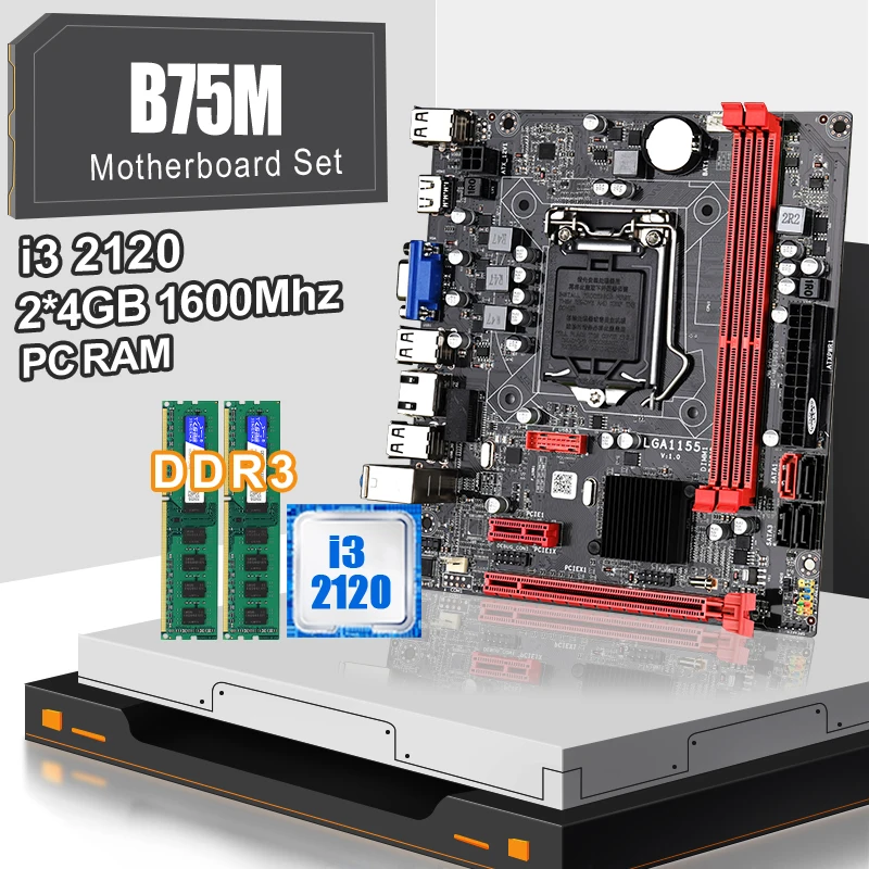 

LGA 1155 B75M Motherboard Set With I3-2120 CPU And DDR3 2*4GB 8GB PC RAM 1600MHZ Motherboard Kit