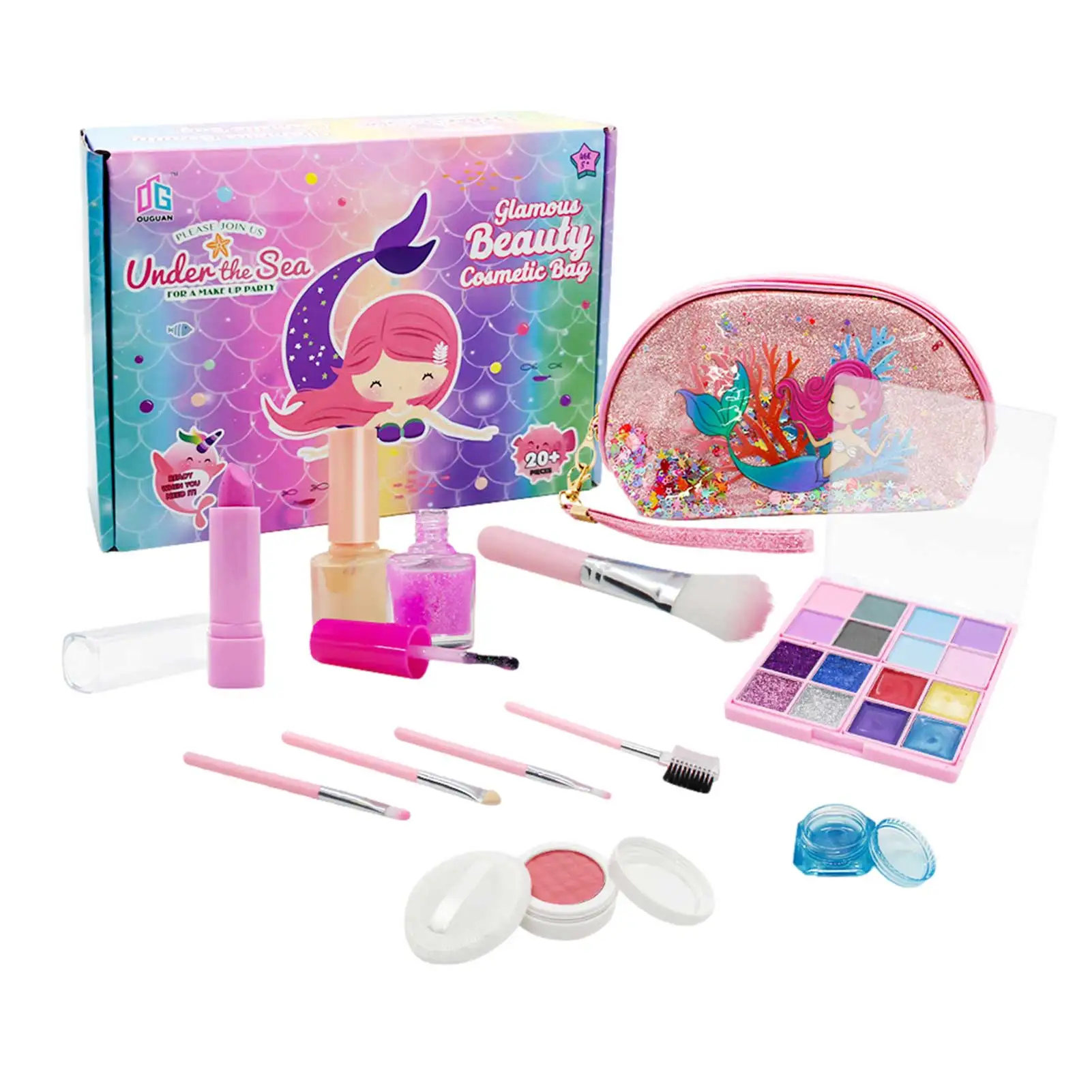 

14PCS Kids Cosmetic Set Mermaid Washable Makeup Toys With Cute Bag Beauty Set Non-toxic For Girl Christmas Birthday Toy
