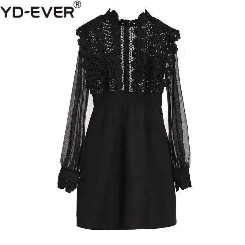 Self-Portrait Runway Patchwork Black Lace Dress 2020 Autumn Women's Long Sleeve Flower Embroidery Crochet Hollow Out Mini | Женская