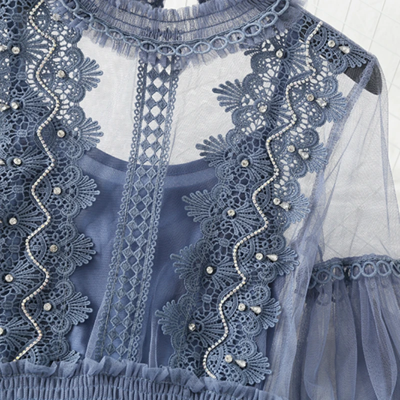 2019 осеннее женское элегантное кружевное платье с рукавами фонариками вечерние