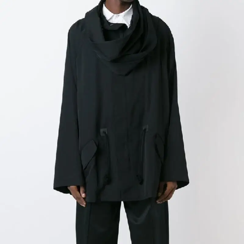 

HOT/ Spring Men's New Fashion Personalized customization Loose black scarf detachable trench coat /S-6XL