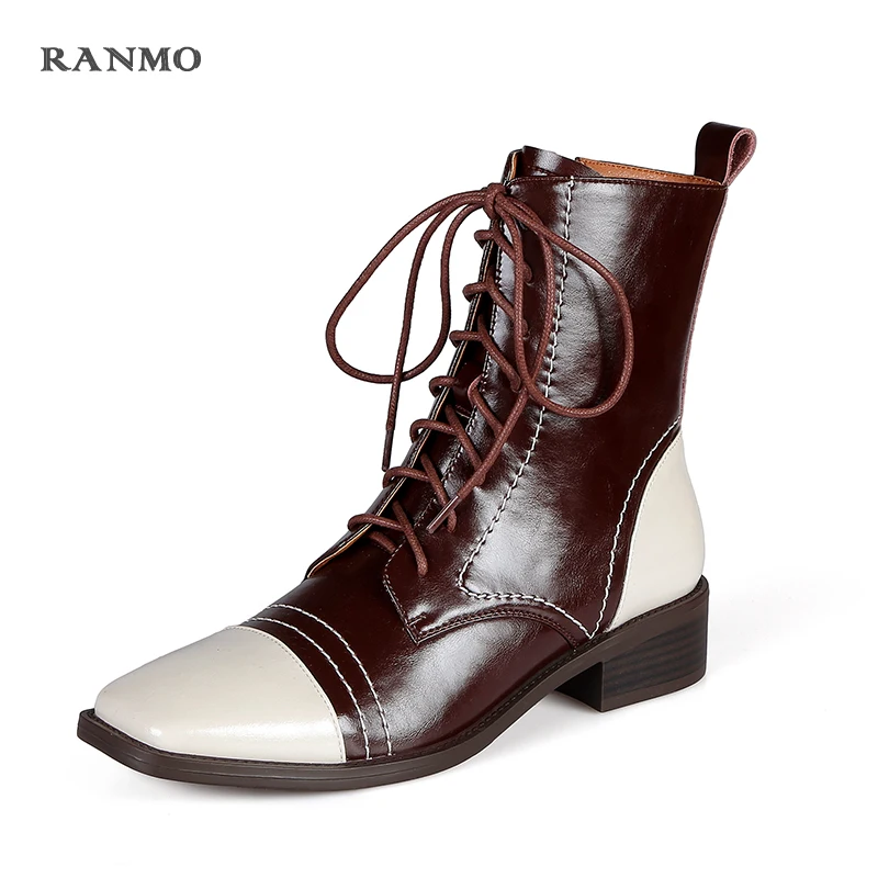 

Fashion Mixed Colors Ankle Boots for Women Square Toe Genuine Leather Low Heels Shoes Woman Fall Party Wedding Chelsea Boots