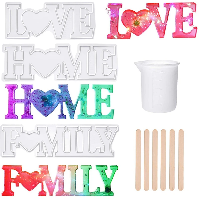 

3D Love Home Family Alphabet Resin Silicone Mold,Wooden Stirring Rod,Volumetric Cup for DIY Craft,Table and Home Decor