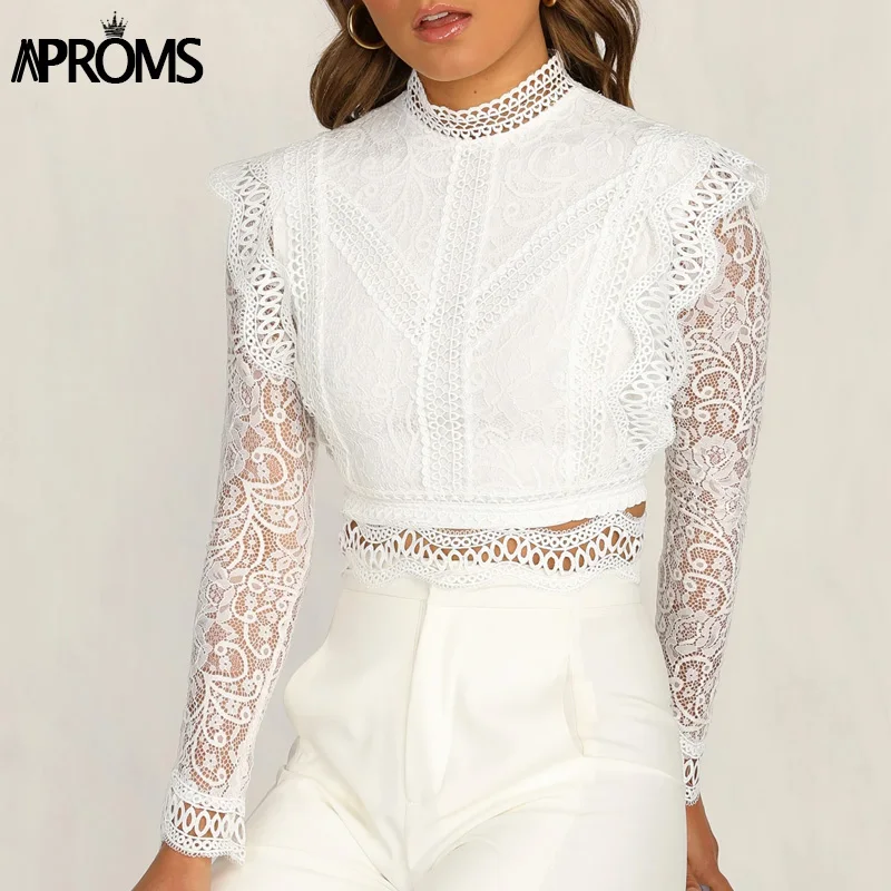 Aproms, винтажная женская футболка с кружевной отделкой, с вышивкой, элегантная, высокая горловина, длинный рукав, укороченный топ, женские вечерние футболки, открытая футболка