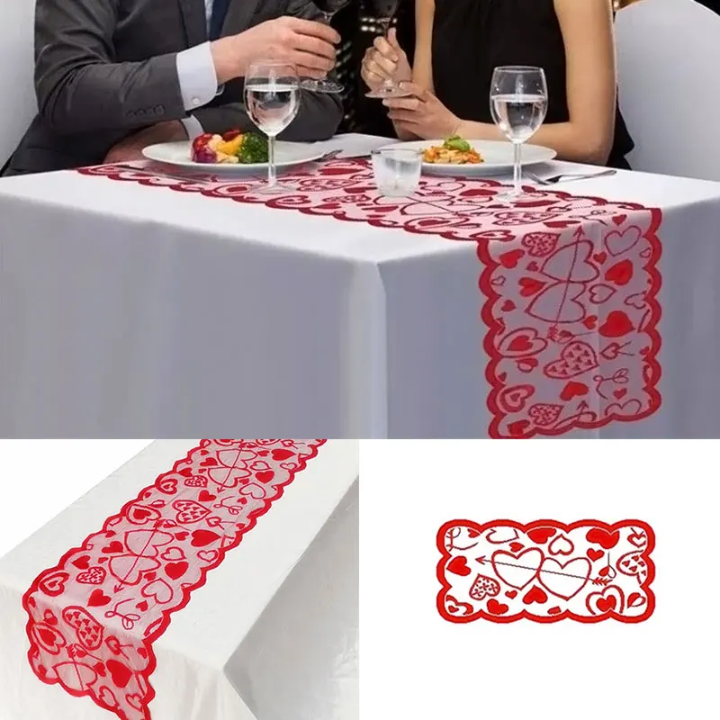 

Red Lace Tablecloth Love Heart Table Runner Decoration Tablecloth Wedding Party Valentines Day Home Table Cloth