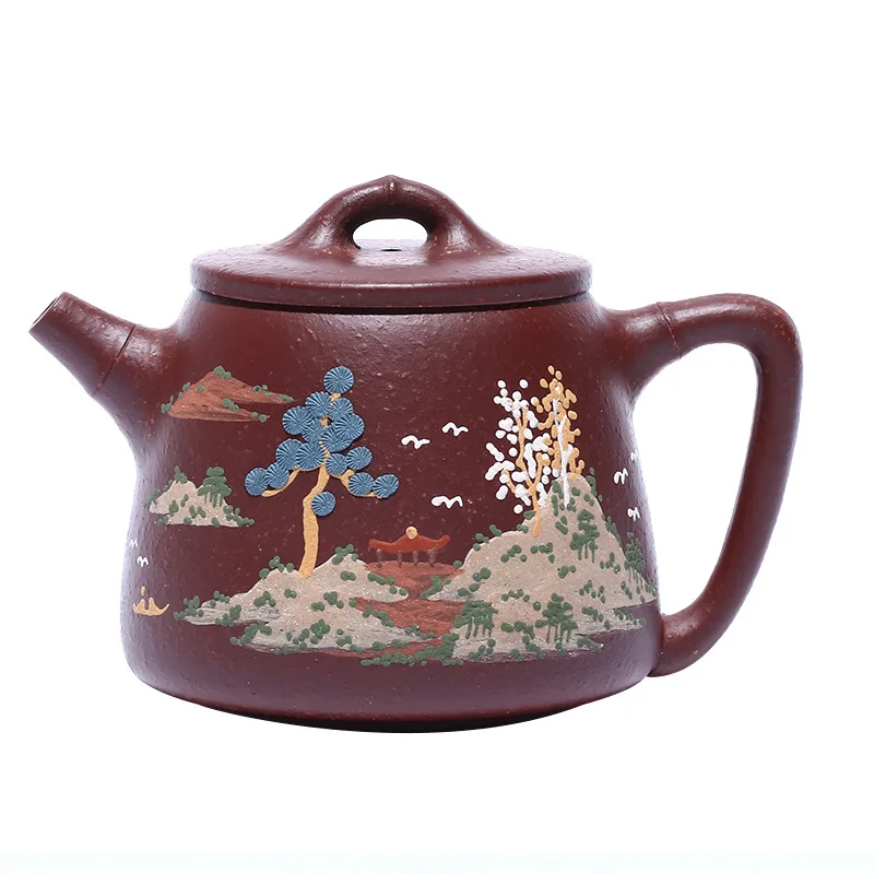 

Yixing Dark-red Enameled Pottery Teapot Manual Coarse Sand And Purple Mud Painting Landscape High Stone Drum Teapot Tea Set