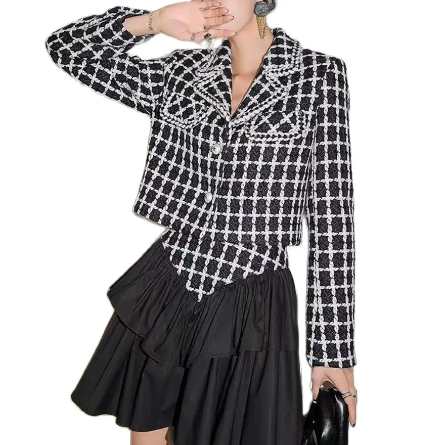 

Твидовые костюмы из твида «гусиные лапки», комплект из 2 предметов, Женская осенне-зимняя одежда, брендовый пиджак + короткая плиссированная...