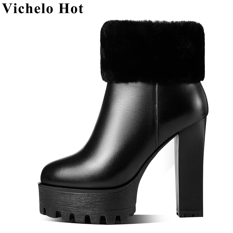 

Популярные модные ботинки Vichelo в стиле интернет-звезд, европейские ботильоны на очень высоком каблуке с кроличьим мехом и круглым носком, ро...