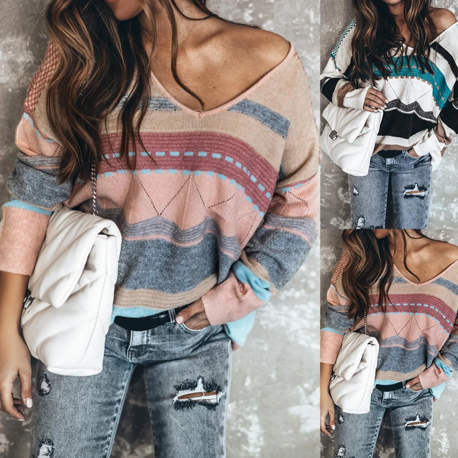 

Women Fashion Stripes Print Long SLeeve Blouse Shirts 2021 Spring Elegant Cotton V Neck Loose Top Female Fashion Casual Pullover