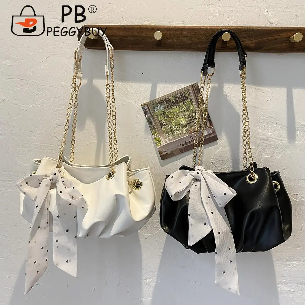 

Casual Pure Color Chain Handbag Purse Fashion Women Pleated Silk Scarf Underarm Bag PU Solid Color Large Shoulder Bags