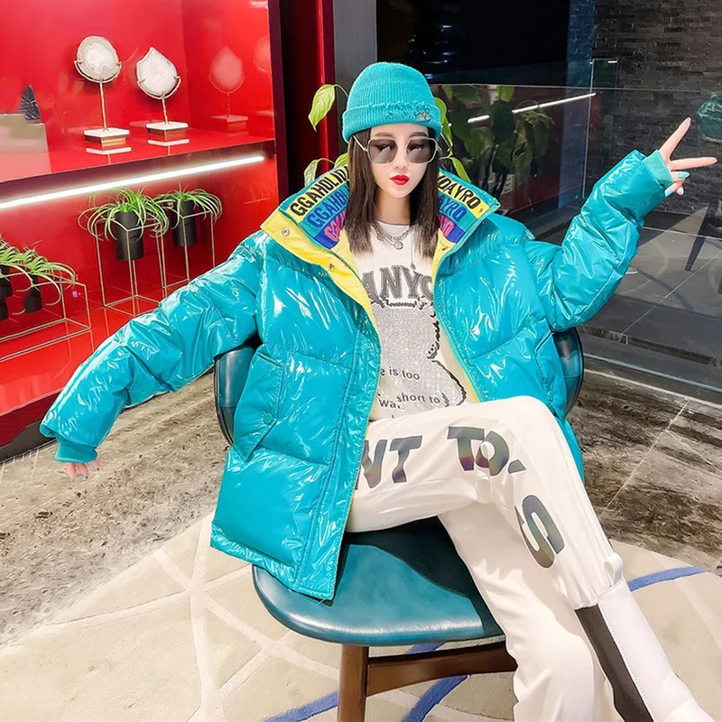 Women's 2021 Fashion New Long Sleeve Stand Collar Puffer Snow Down Bread Coats Female Winter Glossy 90% White Duck Down Jackets