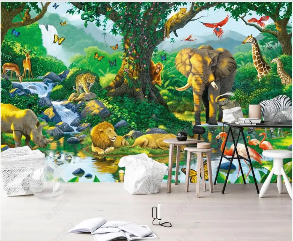 

custom Photo wallpaper mural Animal World Monkey Elephant Lion Rhino Children's Room home decor 3d wallpaper for walls in rolls