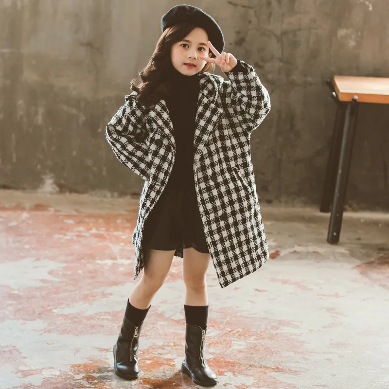 

Girls Thick Plaid Coat Korean Hooded Warm Woolen Windbreaker Outerwear Autumn Winter 4-11 Years