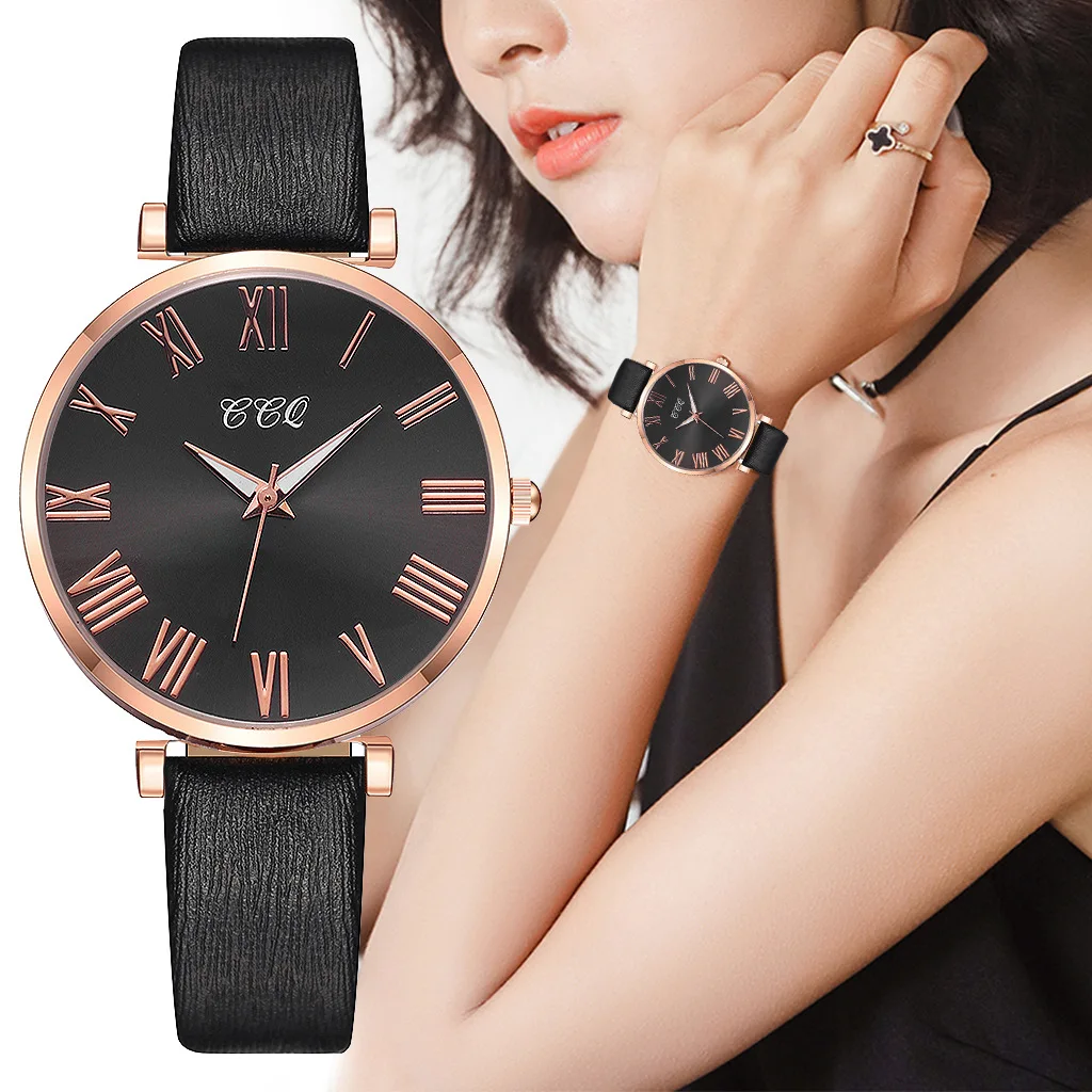 

Korean Women's Watches Fashion Female Wrist Watches Business Black Leather Thin Strap Roman Numeral Ladies Quartz Watch Horloge
