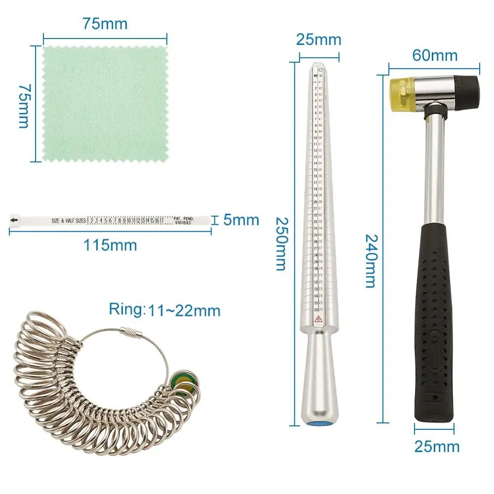 

Jewelry Measuring Tool Sets Ring Sizer Mandrel Stick Finger Gauge Ring Measuring Rubber Hammers Sizes ring: about 11~22mm inner
