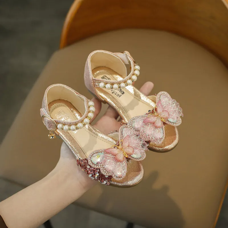 

Gold Silver Pink Rhinestone Butterfly Crystal Sandals Girls Princess Shoes For Wedding Party Dance Performance Shoes Children