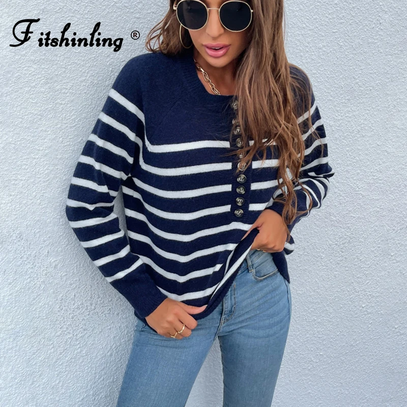

Fitshinling Button Up Basic Women's Winter Sweater Casual Slim Striped Jumper Knitwear Long Sleeve Knitted Tops Pull Femme Sale