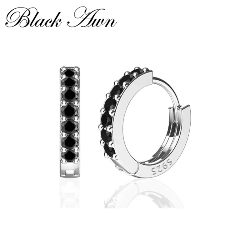 

Black Awn New Classic Silver Round Black Trendy Spinel Engagement Hoop Earrings for Women Fashion Jewelry I177