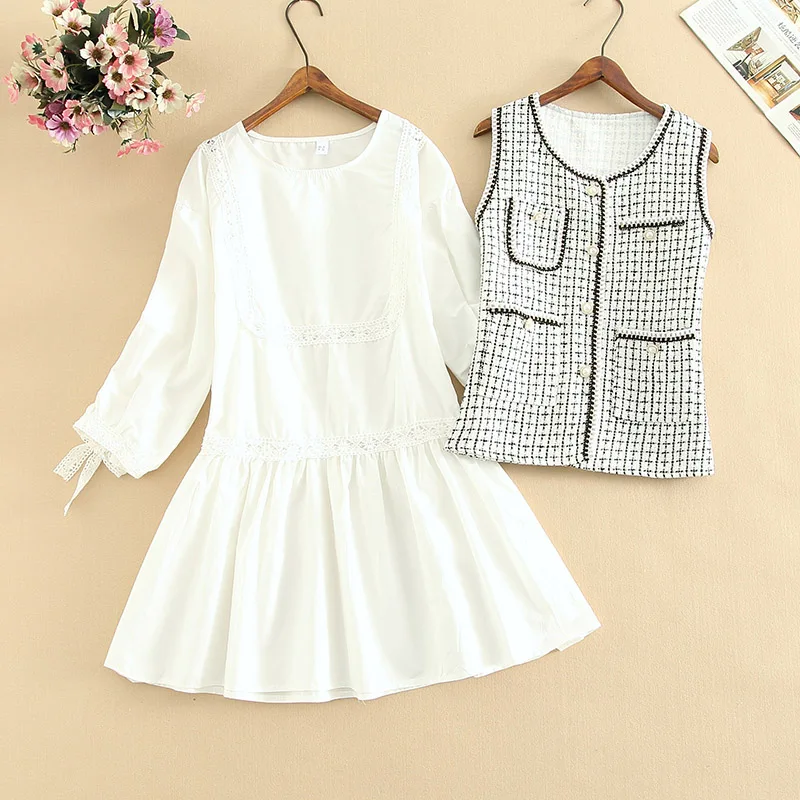 

2021 Autumn Winter 2 Piece Set A Line Dress Women Elegant White Cotton Lace Patchwork Shirt Dress + Pockets Plaid Tweed Vest New
