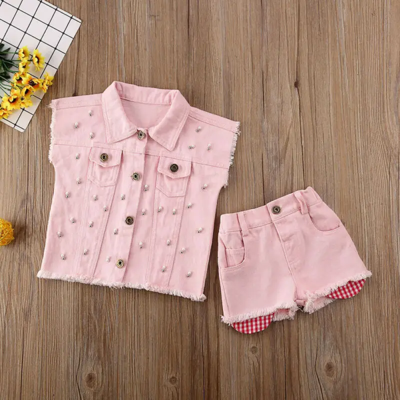 

Fashion 2PCS Infant Baby Girl Denim Clothes Solid Sleeveless Vest Tops Waistcoat+Shorts Pants 2PCS Outfit Set