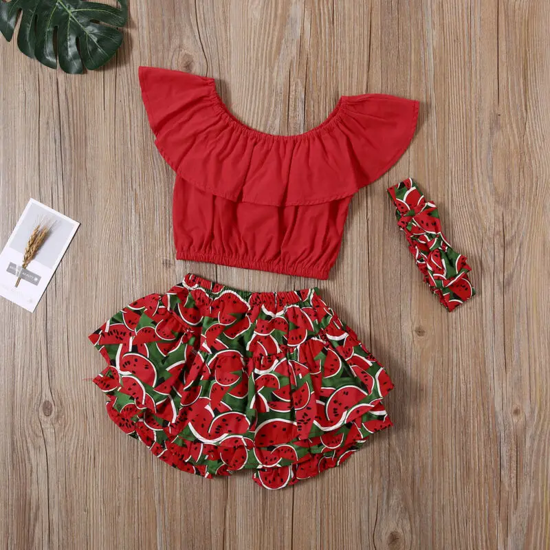 

US 2020 Infant Baby Girl Kids Summer Clothes Ruffle Tops Shorts Headband Outfits
