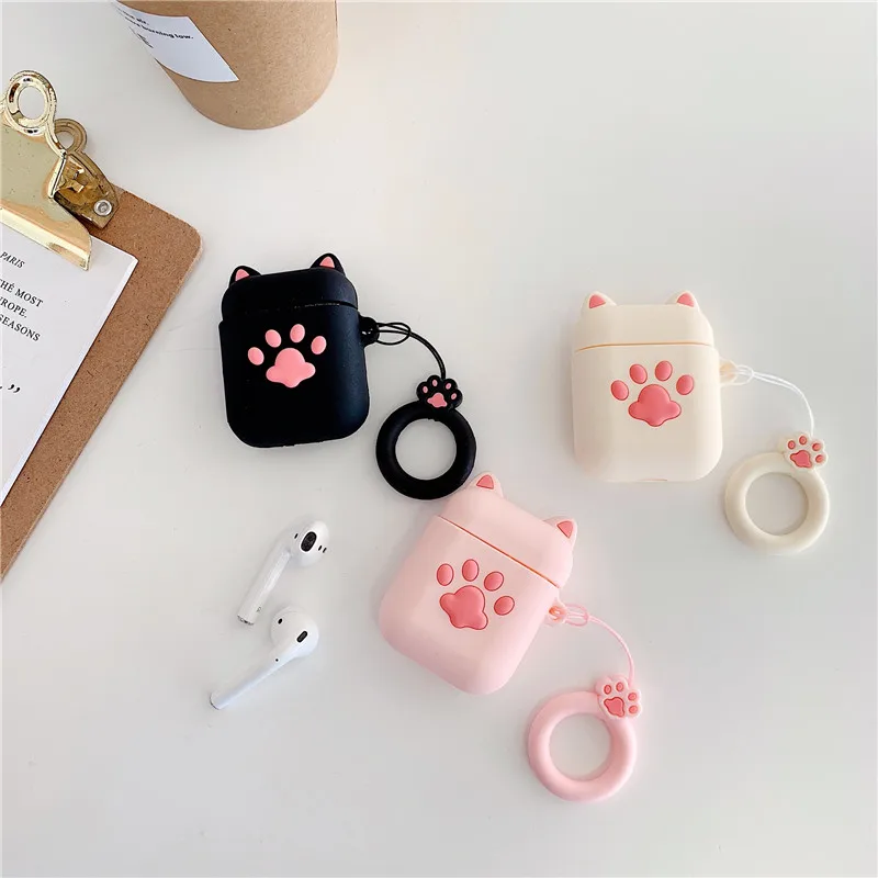 Bluetooth Earphone Case for Airpods Cute Accessories Protective Cover Anti-lost Strap airpods 2 Silicone 3D design Cat paw | Электроника