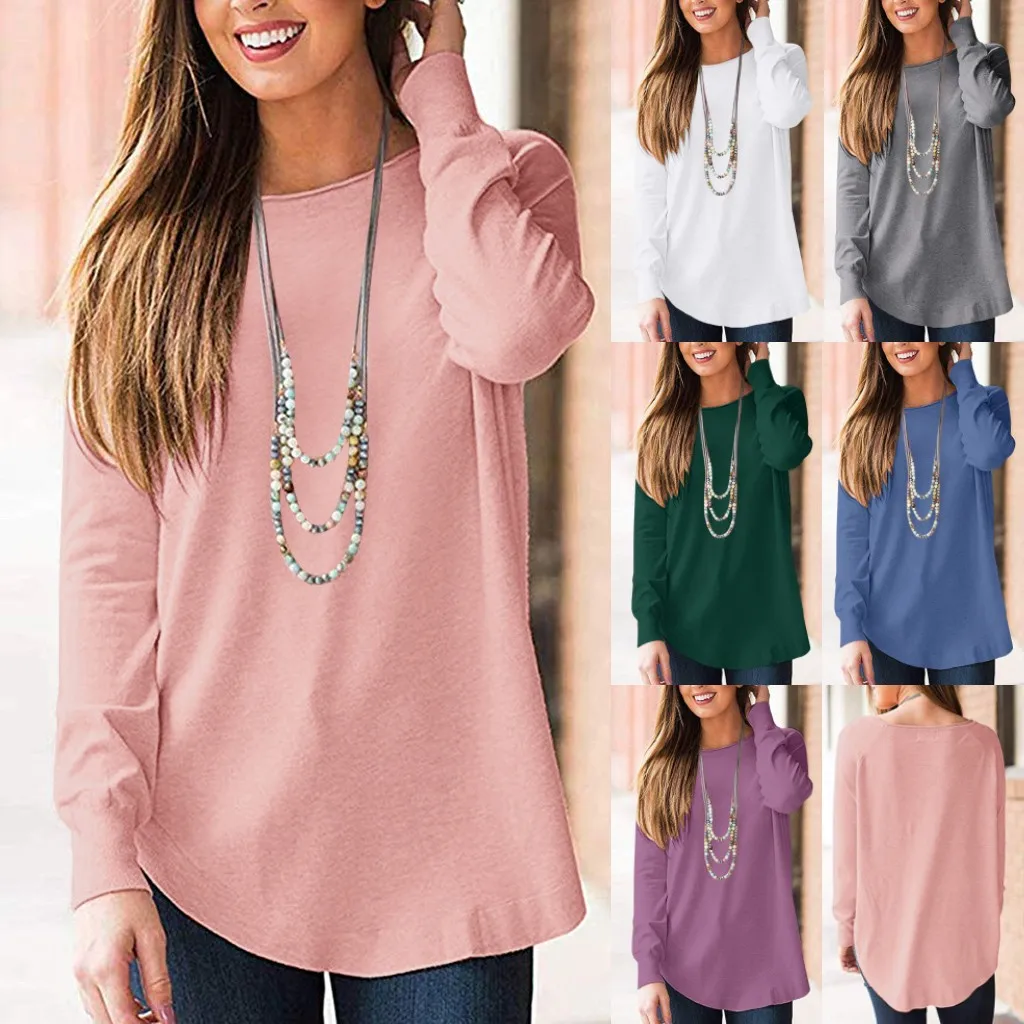 Women Oversize Loose T-shirt Fall Long Sleeve Round Neck Tee Ladies Baggy Plus Size Tops Casual Solid Color Clothes T Shirt#g1 | Женская