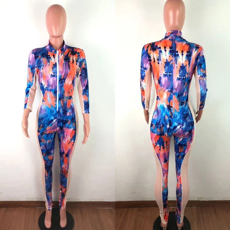 

ZKYZWX Tie Dye Print Mesh Sheer Splice Sexy Costume One Piece Club Outfits Slim Bodycon Overalls Zip Up Rompers Women Jumpsuit