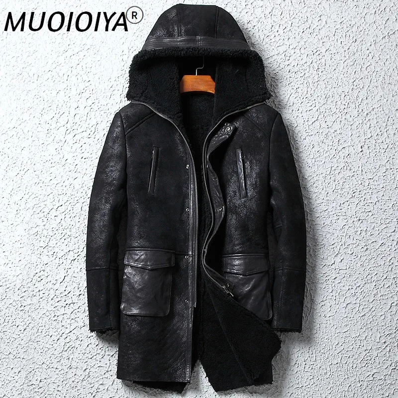 

Куртка WpJM1005 KJ3805 мужская из натуральной овечьей кожи, Длинная зимняя меховая верхняя одежда с капюшоном
