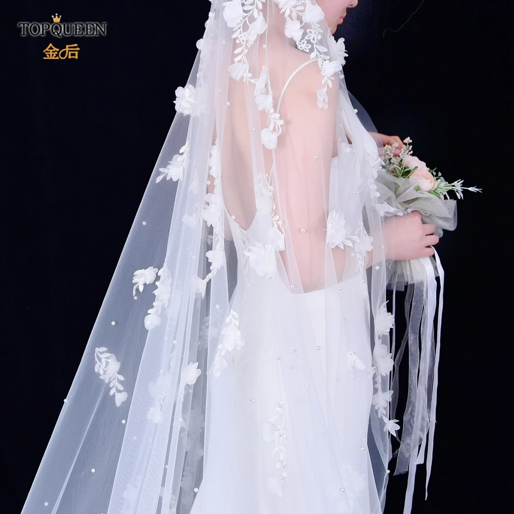

TOPQUEEN V52 3D Three-dimensional Hand-stitched Flowers Luxury Pearl Cathedral Veil Bride 3 Meters Long Bridal Veil Without Comb