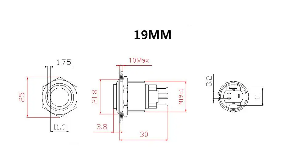 Металлический кнопочный переключатель 19 мм 15 А фиксация мгновенной фиксации