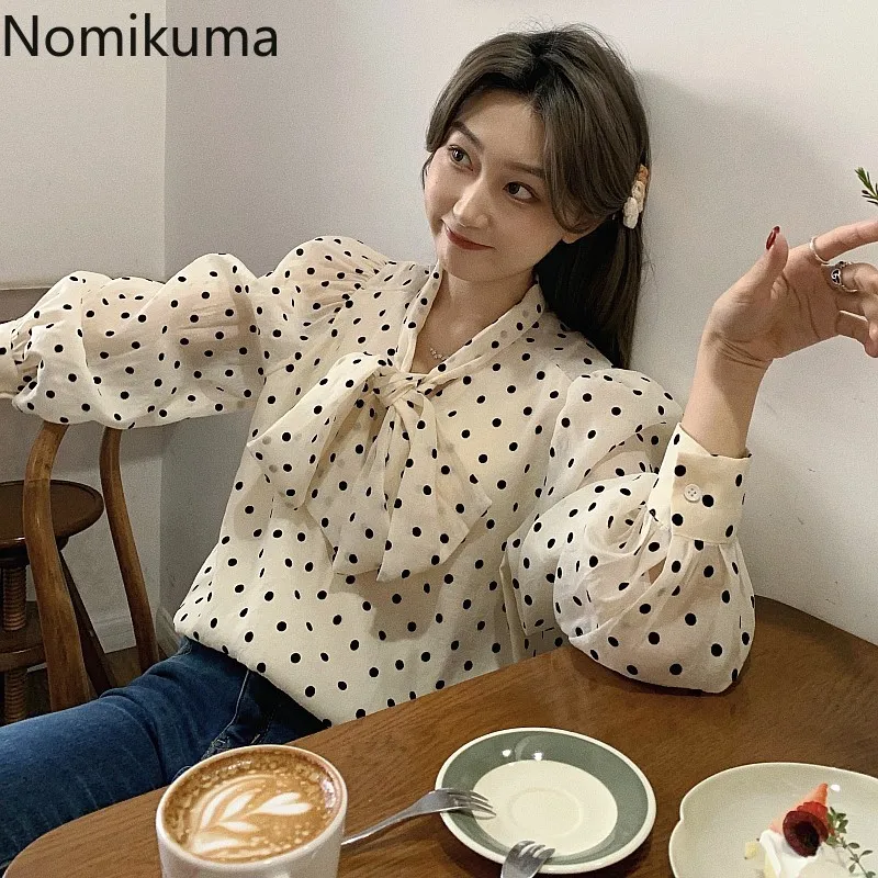 

Nomikuma Korean Chic Polka Dot Blouse Women Sweet Vintage Bow Knot Lace Up Long Sleeve Shirts Tops New Fashion Blusas Mujer