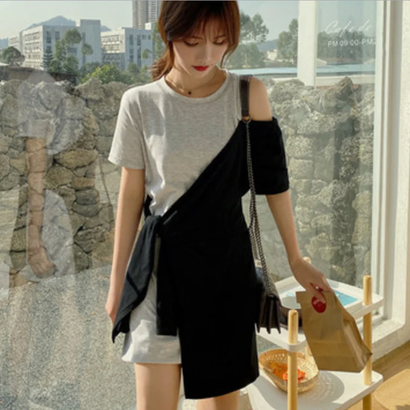 

Irregular t-shirt skirt 2020 Korean version was thin mid-length off-the-shoulder stitching dress